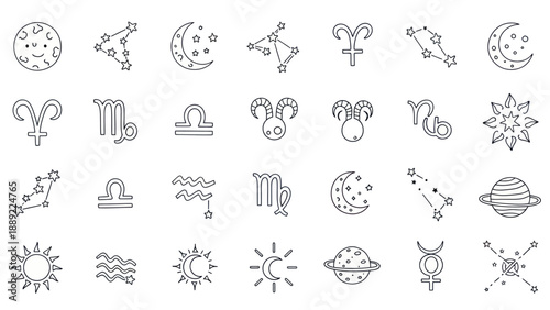 Astrology Zodiac Signs Icons: Moon, Sun, Planets, Constellations, and Symbols