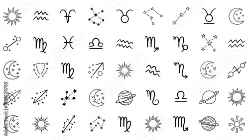 Astrology Zodiac Signs Icons Set: Sun, Moon, Planets, Constellations, Symbols