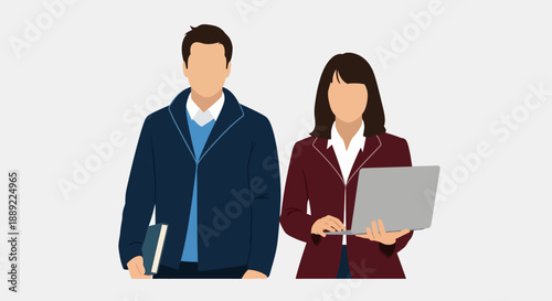 Colleagues collaborating in a professional setting, man and woman working together, office environment, modern illustration, workplace scene from a straightforward viewpoint