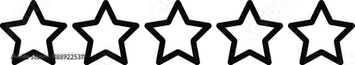 Simple outline icon depicting five equally sized five-pointed stars arranged horizontally against a stark white background representing a quality rating or customer feedback system ready for review.