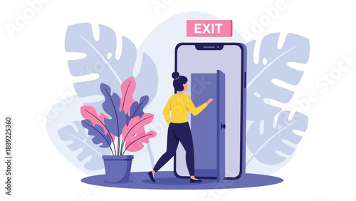  Digital Detox and Modern Lifestyle, Young Female Character Stepping Out of the Mobile Phone Screen, Escape from Smartphone Addiction and Social Media Overloa,.eps