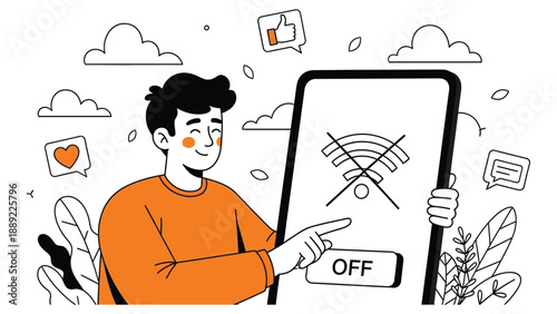 Digital Detox Concept, Man Disconnecting from Social Media and Internet, Turning Off Smartphone Wi-Fi, Achieving Mental Peace and Work Life Balance, Illustration