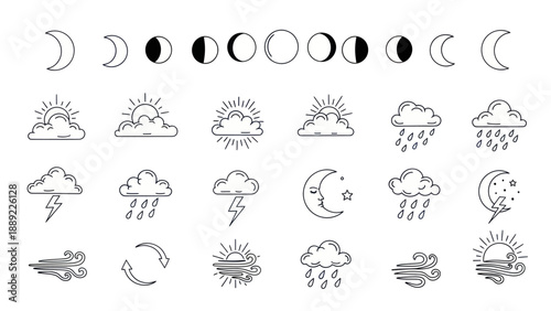 Weather Icons Collection: Moon Phases, Sun, Clouds, Rain, Lightning, Wind
