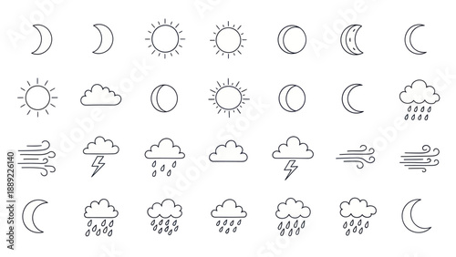 Weather Icons Collection: Sun, Moon, Clouds, Rain, Lightning, Wind - Line Art