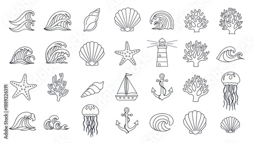 Nautical Icons Set: Waves, Seashells, Starfish, Lighthouse, Anchor, Jellyfish, Coral, Sailboat