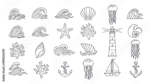 Nautical Icons Set: Waves, Seashells, Jellyfish, Lighthouse, Anchor, Sailboat, Coral