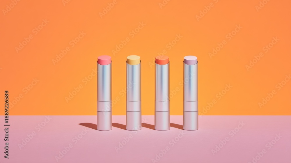 Fototapeta premium Stylish lipstick tubes arranged in a row against a vibrant orange background, showcasing various shades in a modern beauty presentation