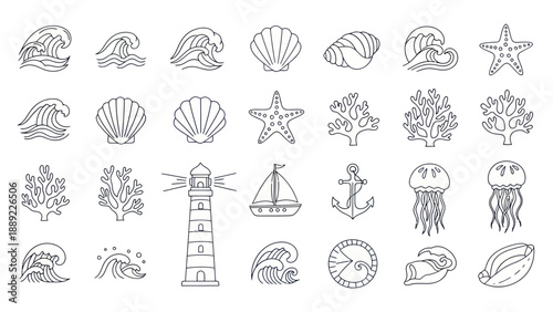 Nautical Vector Icons Set: Waves, Shells, Starfish, Coral, Lighthouse, Boat, Anchor