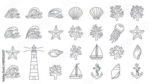 Ocean Life and Nautical Elements Collection: Waves, Shells, Starfish, Coral, Jellyfish, Lighthouse, Sailboat, Anchor