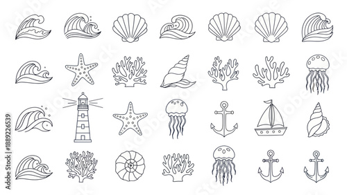Ocean Sea Life Icons: Waves, Shells, Starfish, Jellyfish, Lighthouse, Anchor, Sailboat