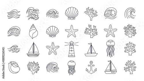 Ocean Sea Life Icons: Waves, Shells, Starfish, Coral, Lighthouse, Boat, Jellyfish, Anchor