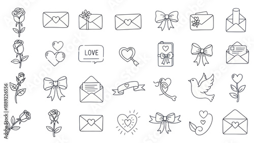 Romantic Love Icons Set: Roses, Envelopes, Hearts, Bows, Doves, Ribbons