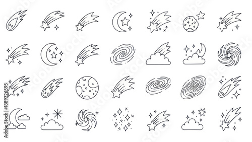 Set of Cosmic Icons: Stars, Moon, Clouds, Galaxies, Meteors, Planets
