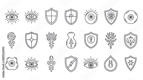 Mystical Symbols: Eyes, Shields, and Alchemy Icons - Esoteric and Magic Vector Set