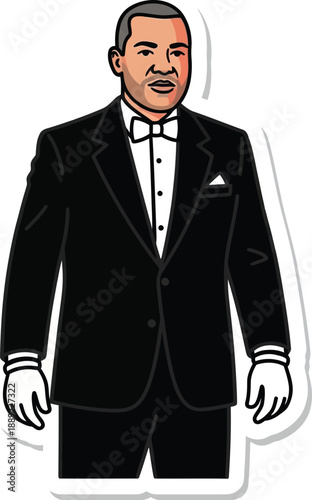 Cartoon illustration of a smiling man isolated on transparent background in a tuxedo