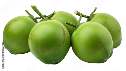 A cluster of young green coconuts with stems isolated on transparent background