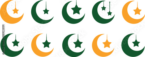 Eid mubarak islamic crescent moon and star symbols in green and yellow colors