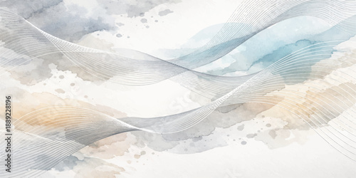 Abstract blue background with waves flowing over a frozen winter landscape of snow-capped mountains and white glaciers under a cold sky