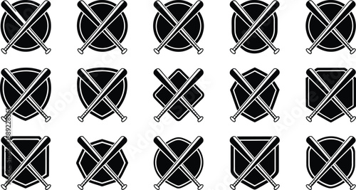 Collection of shield logos with crossed swords on white background