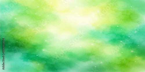 An abstract watercolor background with colorful bokeh features a bright nature design of soft green grass and sunny blue sky textures in a blurred summer illustration