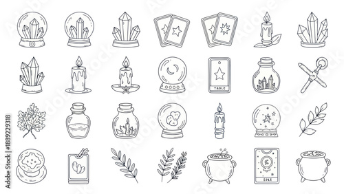 Mystical Esoteric Symbols Collection: Crystals, Tarot, Candles, Potions, Witchcraft Icons
