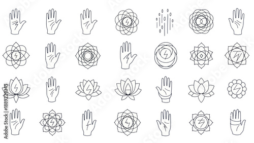 Mystical Hand Symbols and Lotus Flower Icons - Spiritual and Esoteric Line Art Collection