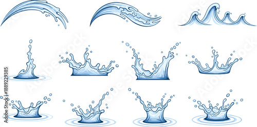 Cartoon water splashes and wave illustrations in various shapes, stylized fluid motion for design, animation, and educational use