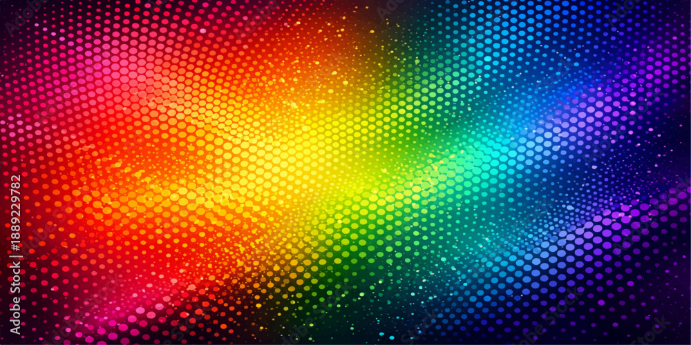 Obraz premium An artistic digital wallpaper featuring an abstract rainbow background with colorful halftone circle patterns and light wave elements in a vibrant vector illustration design