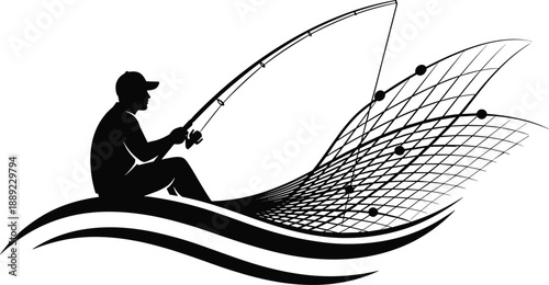 Stylized black-and-white illustration of person fishing into data grid, blending nature and technology in conceptual silhouette.