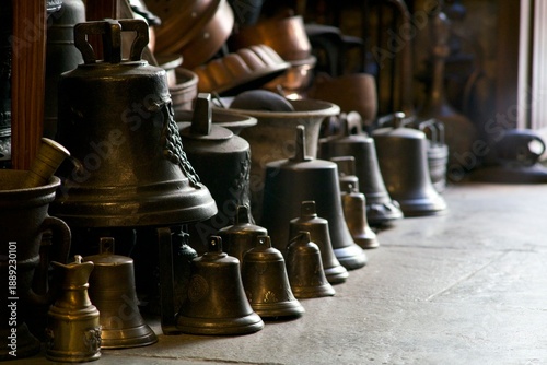 Traditional bronze bells displayed in Agnone, Italy, representing centuries of craftsmanship, foundry art, and cultural heritage