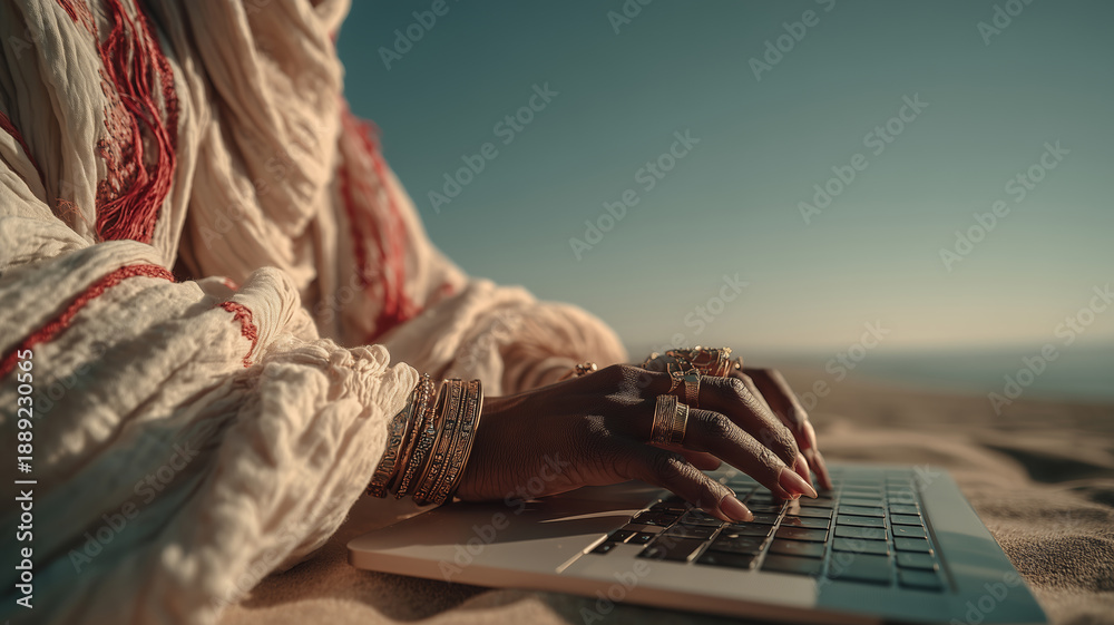 Fototapeta premium Working in serenity under the open sky during a solo travel journey