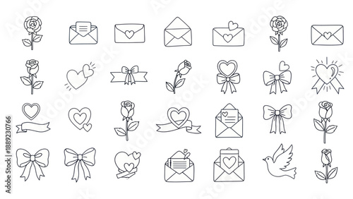 Hand-Drawn Romantic Icons: Roses, Hearts, Envelopes, Ribbons, Bows, Dove