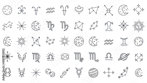 Hand-drawn Zodiac Constellations, Astrology Symbols, Celestial Icons Collection