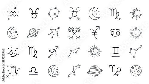 Hand-drawn Zodiac Signs and Constellations Collection - Astrology Symbols and Celestial Icons