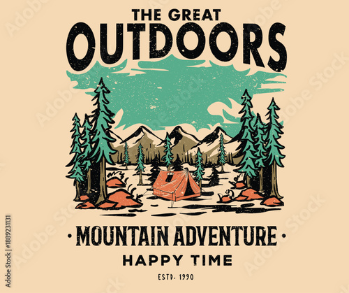 The great outdoors artwork. Explore the mountains. Come the mountain design. Discover Adventure artwork for apparel, sticker, batch, background, poster and others. Say yes to adventure design.