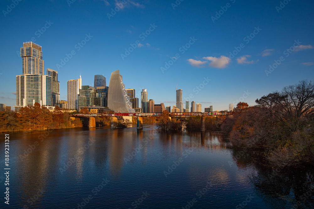 Fototapeta premium Austin Downtown modern office hub of world technology center business urban city landscape of skyscraper and travel destination park along the river and park in capital city of Texas, USA