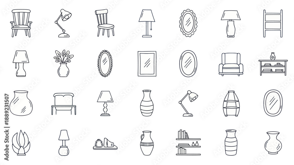 Fototapeta premium Hand-drawn Furniture and Home Decor Icons: Chairs, Lamps, Mirrors, Vases, Shelves