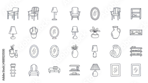 Hand-drawn furniture and home decor icons: chairs, lamps, mirrors, shelves, vases