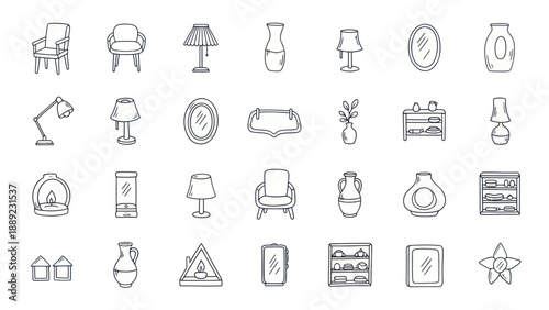 Hand-Drawn Furniture and Home Decor Icons Set: Chairs, Lamps, Vases, Mirrors, Shelves