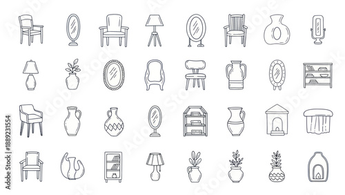 Hand-drawn Furniture and Home Decor Icons Set: Chairs, Lamps, Vases, Mirrors