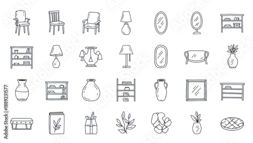 Hand-drawn furniture and home decor icons, sketches for interior design, vector elements