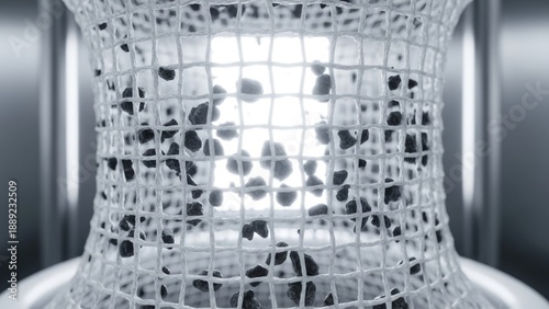 Abstract Filtration System with Dark Particles Trapped by White Mesh Filter.