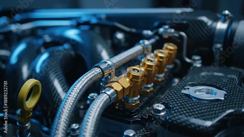 Close-up tracking shot of a V12 engine's fuel rail assembly with braided lines and gold injector caps