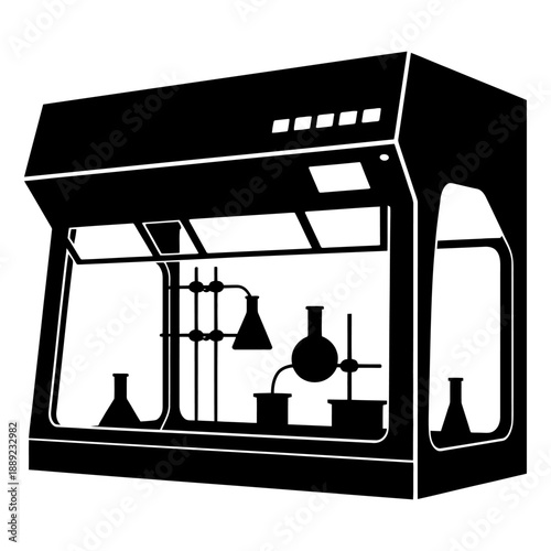 Industrial laboratory fume hood with chemical glassware silhouette on white background for scientific research concept and professional biotechnology workstation development equipment