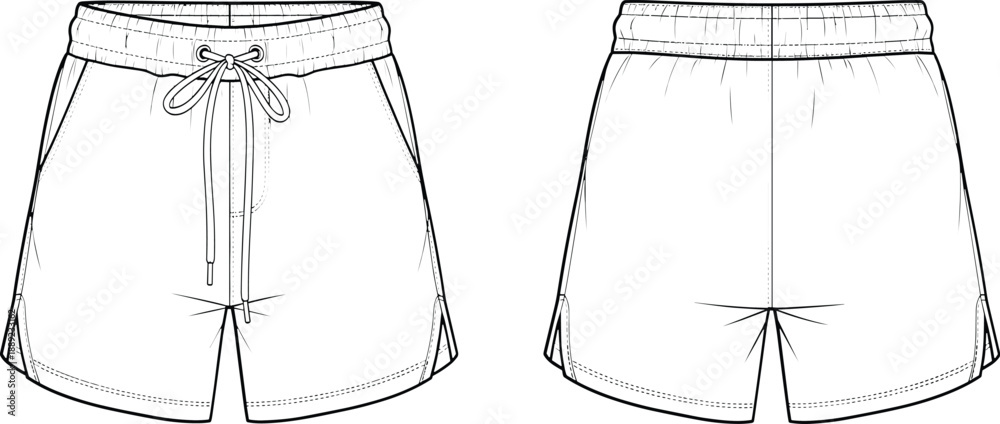 Fototapeta premium Athletic shorts fashion template, front and back view, activewear apparel mockup for sportswear designers, drawstring elastic waist running shorts illustration
