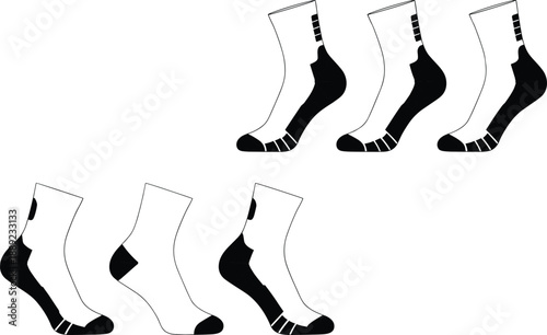 Athletic performance socks illustration, multiple views, cushioned support panels, sportwear sock design for running, cycling, fitness training, apparel development visuals