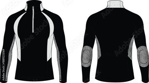 Athletic compression pullover illustration, long-sleeve training top design, half-zip sportswear base layer for fitness, running, cycling, outdoor performance apparel branding