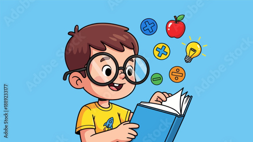 Photography Young student reading book with math symbols and apple illustration