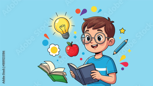 Young student reading book with illustration elements of learning