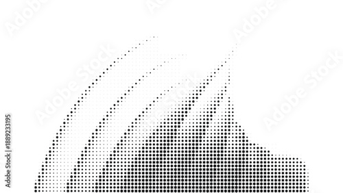 Abstract vector illustration of black halftone dots forming curved lines on white background